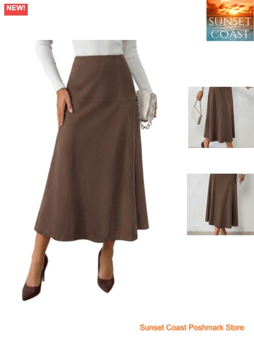 Women's Faux Suede High Waist A-Line Midi Skirt Wear to Work